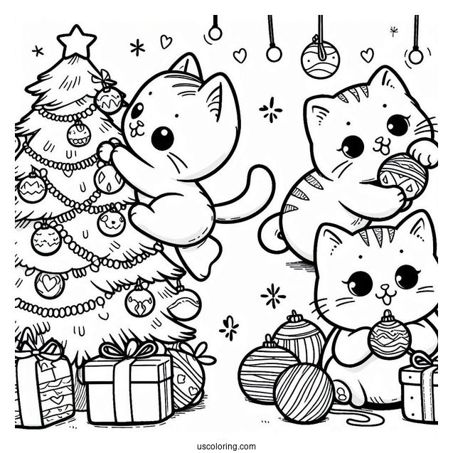 Cats Playing With Christmas Tree Coloring Sheet