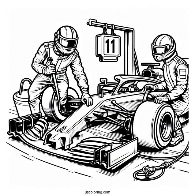 F1 Coloring Page Pit Stop Crew Servicing Race Car