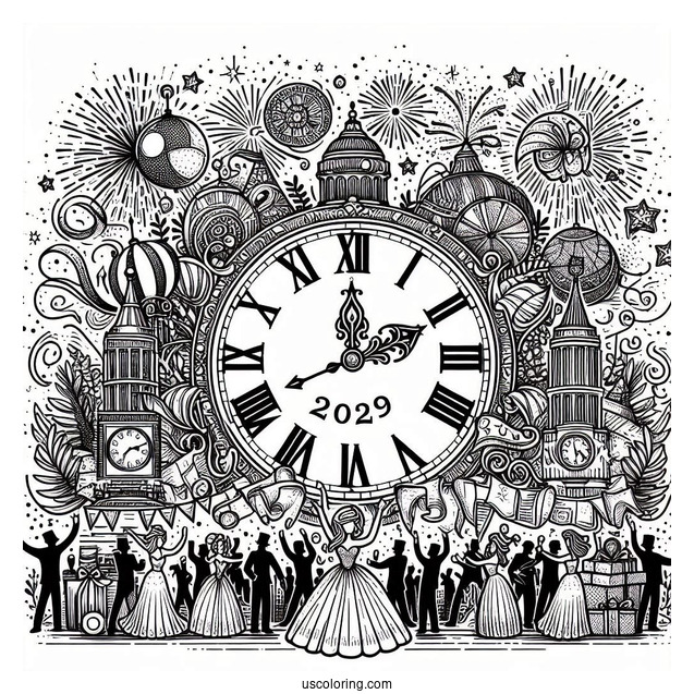 Large Party With A Massive Clock Striking Twelve On The New Year Coloring Page