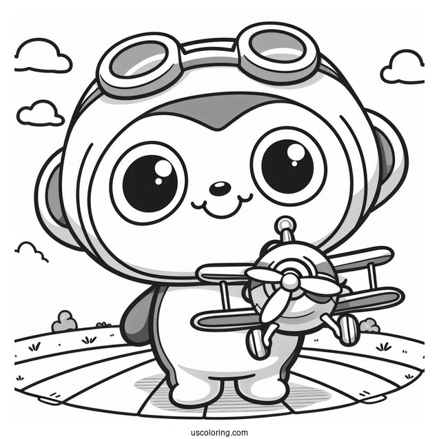 Smiling Pororo Coloring Page Holding Toy Airplane