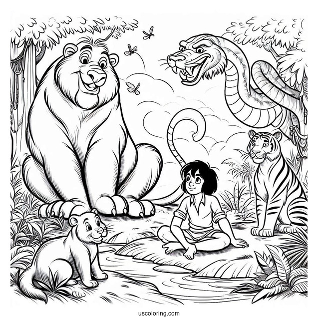 Jungle Book Coloring Page Of Baloo, Mowgli, Kaa, King Louie, And Bagheera