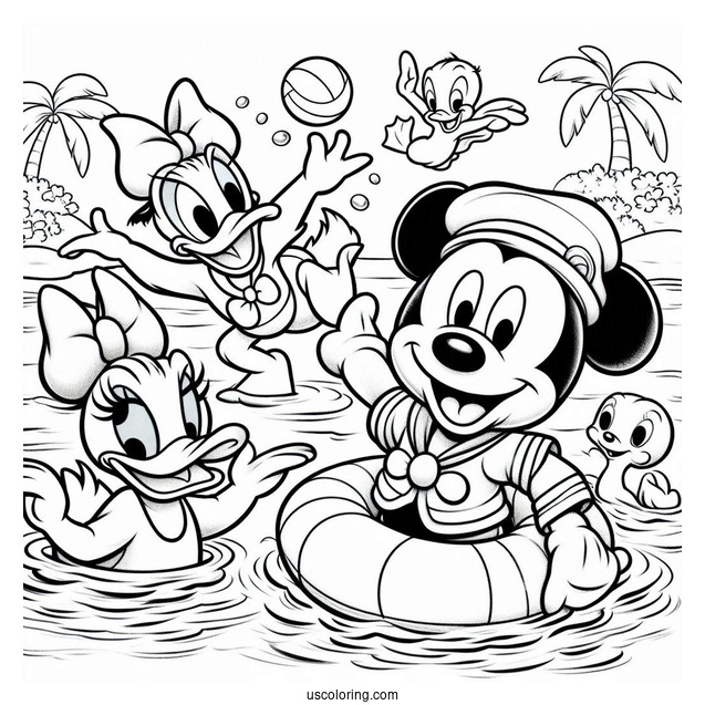 Swimming Coloring Page Of Donald Duck, Daisy Duck, Mickey Mouse, And Minnie Mouse, With Pluto Playing In The Sea