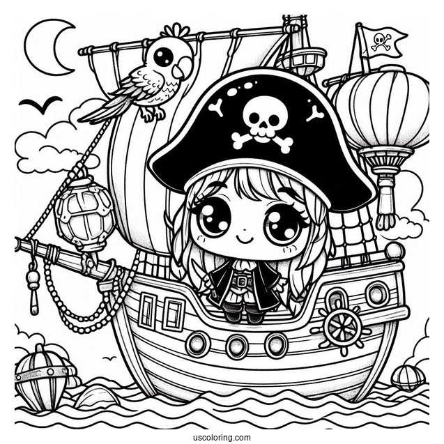 Adorable Chibi Pirates On A Pirate Ship Coloring Page With A Parrot