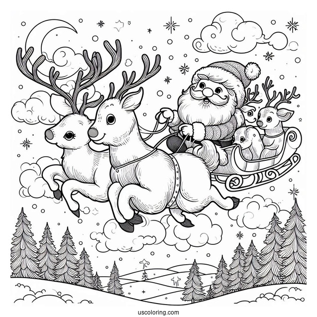 Santa Flying In The Sky With His Reindeer
