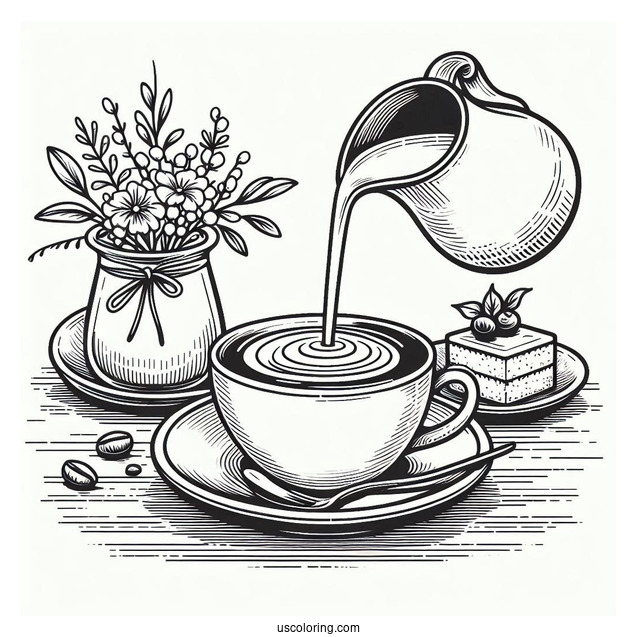 Milk Being Poured Into Coffee Coloring Pages Of Cup With Dessert On Table