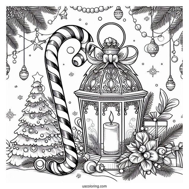 Christmas Coloring Pages For Adults Of Christmas Lantern With Candy Canes In Background
