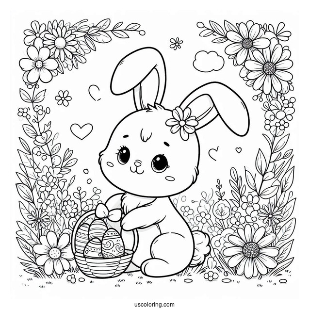 Pretty Little Easter Bunny Coloring Page In Flower Field For Kids