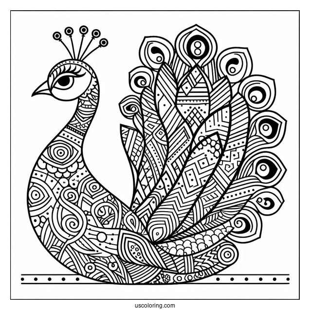 Geometric Peacock Coloring Page With Patterned Tail For Kids