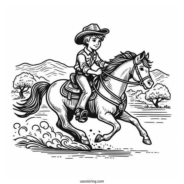 Young Cowboy Coloring Page Riding A Horse For Kids