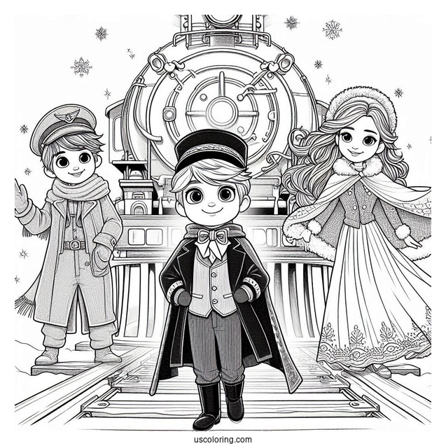 Conductor, Hero Boy, And Hero Girl In Front Of The Polar Express Coloring Page