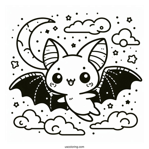 Kawaii Bat Coloring Page Flying For Preschoolers