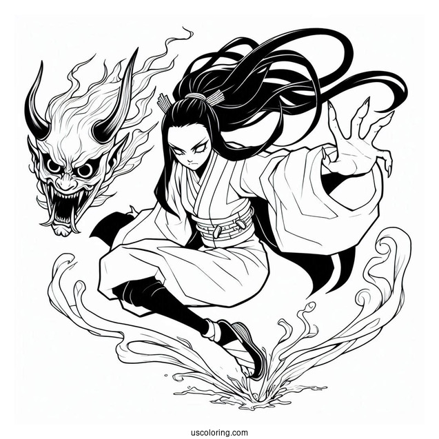 Nezuko Coloring Page Fighting In Demon Form