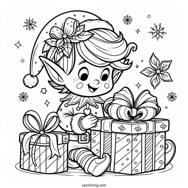 Coloring Page Of Elf Opening Present