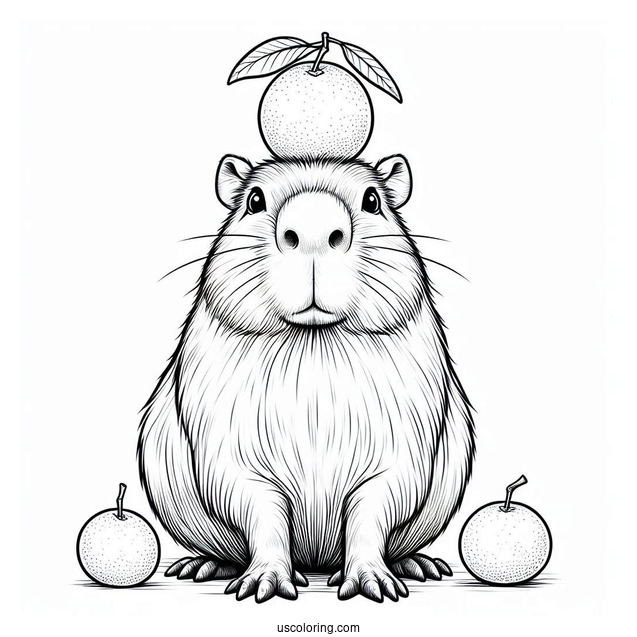Serious Capybara Coloring Page Balancing Tangerines On Its Head
