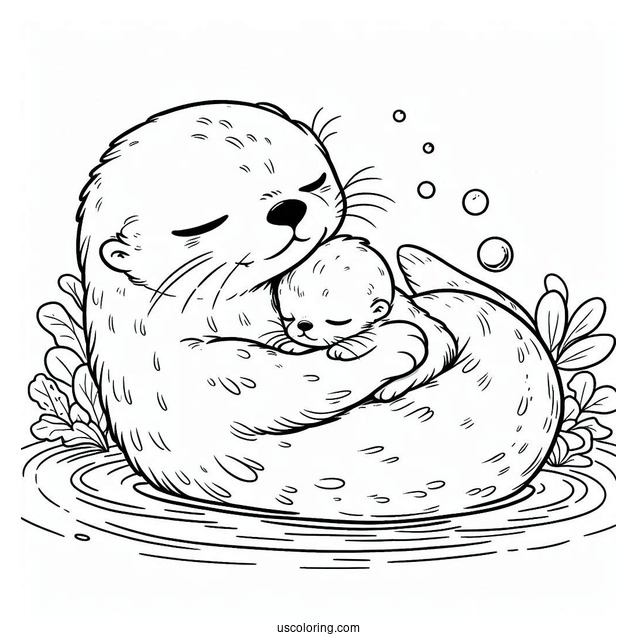 Baby Otter Coloring Page Sleeping On Top Of Mother Otter While Floating