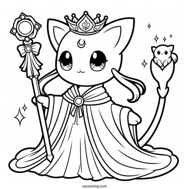 Mew Coloring Page With Crown, Robe, And Scepter For Kids