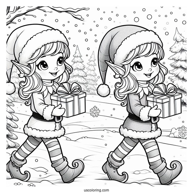 Elf Holding Present Walking In The Snow