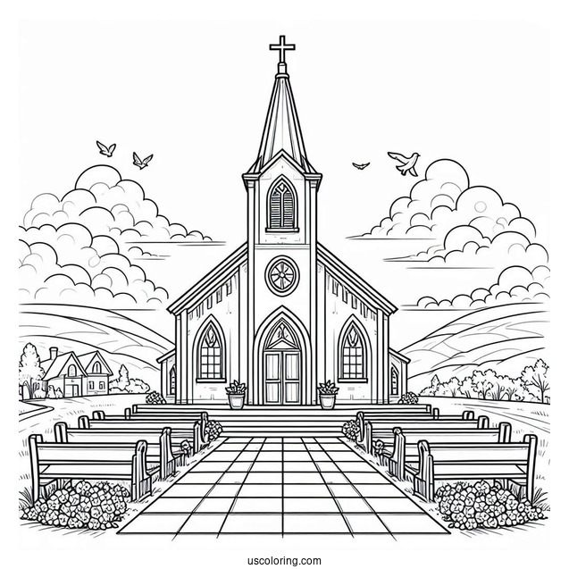 Large Catholic Church Coloring Page With A Walkway For Kids
