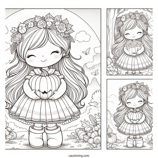 Precious Moments Coloring Page Of Girl Holding Pumpkin In Autumn