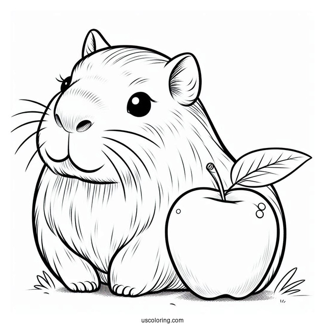 Easy Cute Capybara Coloring Page With An Apple On Its Head