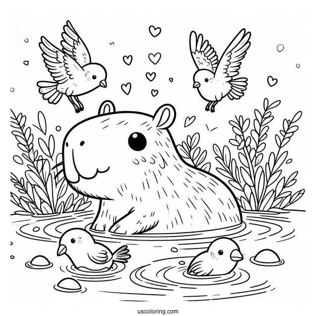 Kawaii Capybara Coloring Page Swimming With Birds For Kids