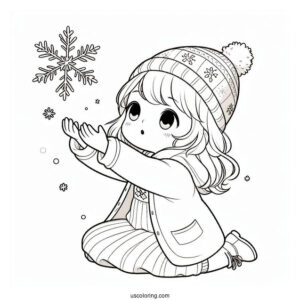 Little Girl Trying To Catch Snowflake Coloring Page