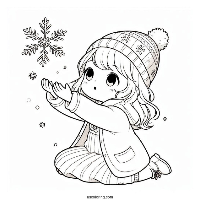 Little Girl Trying To Catch Snowflake Coloring Page