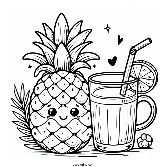 Smiling Pineapple Coloring Page Holding Milk Tea For Kids