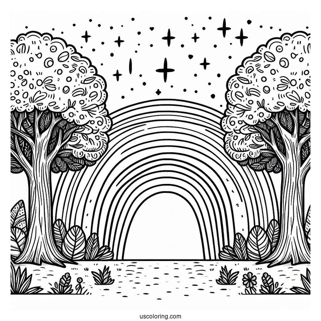 Rainbow Coloring Page Between Two Large Trees