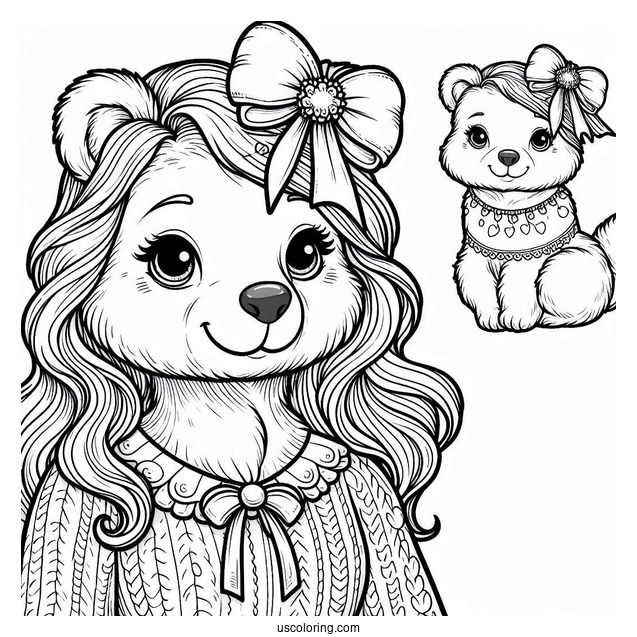 Female Bear Coloring Page Wearing Ribbon On Head