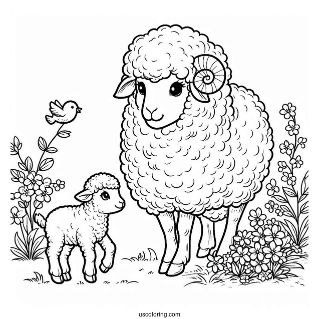 Sheep And Baby Lamb Coloring For Kids