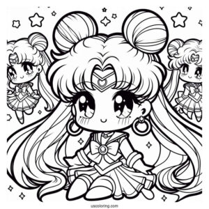 Coloring Sheet Of Chibi Sailor Moon With Stars