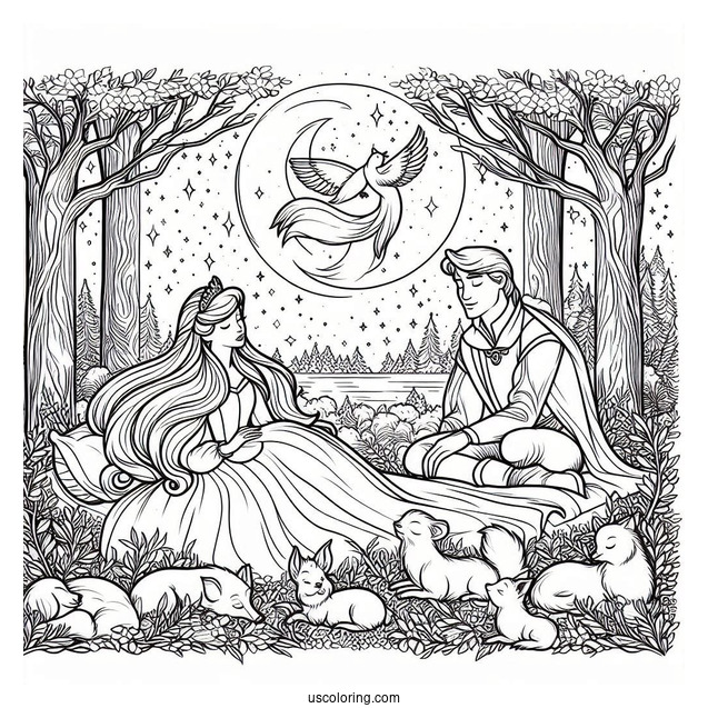 Sleeping Beauty Coloring Page Of Prince Philip Watching Aurora With The Animals In The Forest
