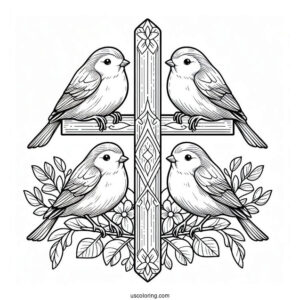 Four Birds Perched On A Cross Coloring Page