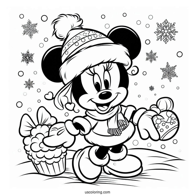 Minnie Mouse Wearing Santa Hat In Snow To Color