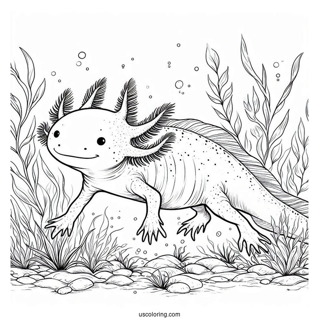 Adult Axolotl Coloring Page Wading Through Seaweed