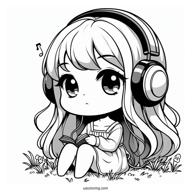 Chibi Girl Listening To Music While Sitting On Grass