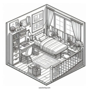 Small Isometric Bedroom Coloring Page With Study Desk And Balcony
