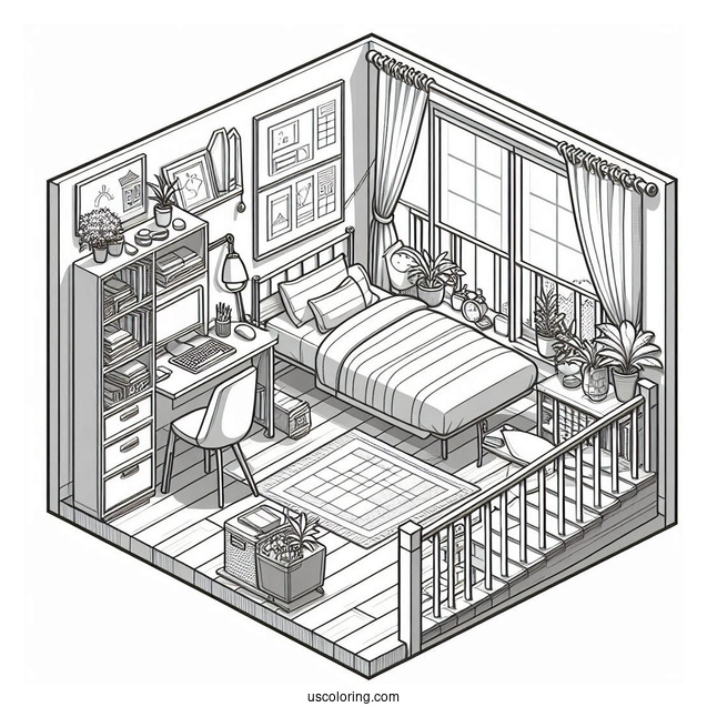 Small Isometric Bedroom Coloring Page With Study Desk And Balcony