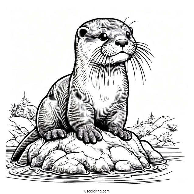 Realistic Otter Coloring Page Sitting On Rock