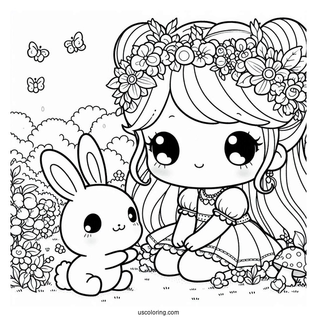 Kawaii Precious Moments Coloring Page Of Girl In Garden With Bunny For Kids