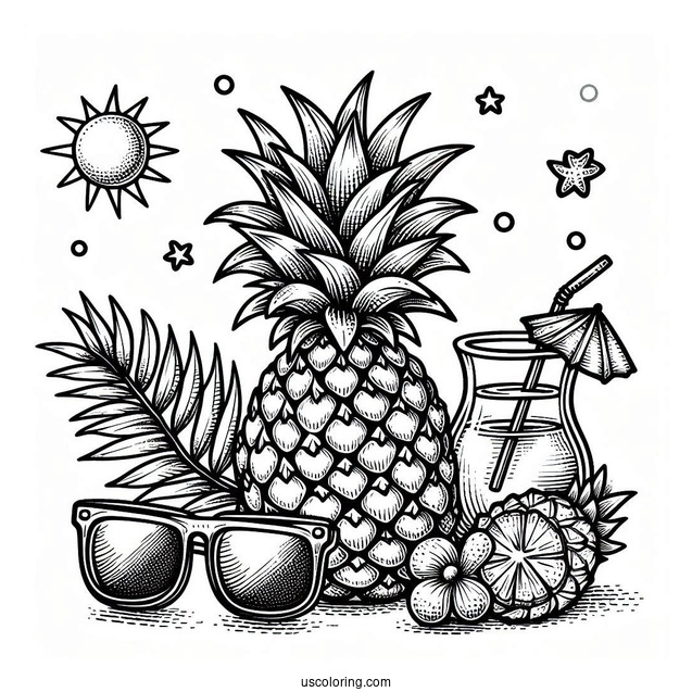 Chill Pineapple Coloring Page With Drink and Sunglasses