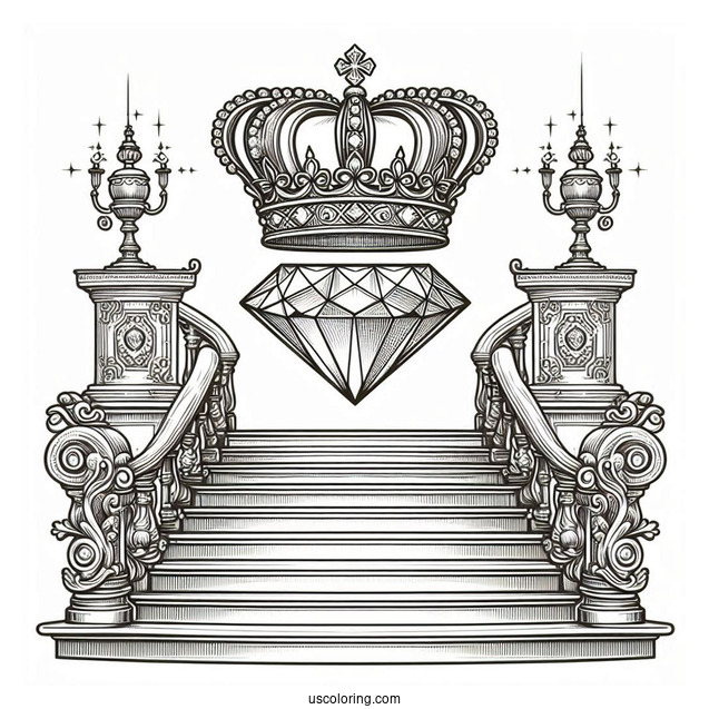 Royal Crown Coloring Page With Large Diamond Displayed on a Grand Staircase