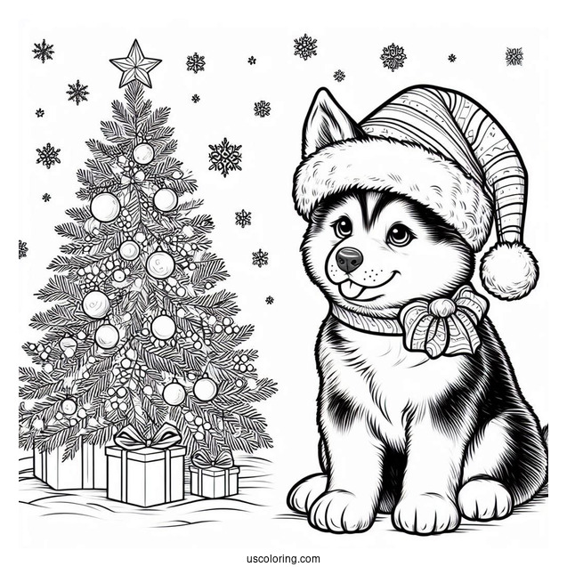 Husky Wearing Santa Hat In Front Of Christmas Tree Coloring Page