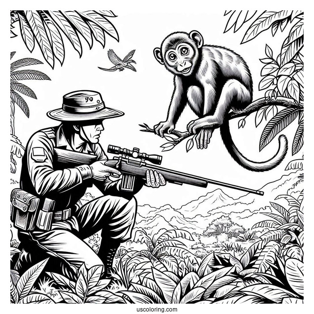 Monkey Creeping Up On Hunter With Gun In Jungle Coloring Page