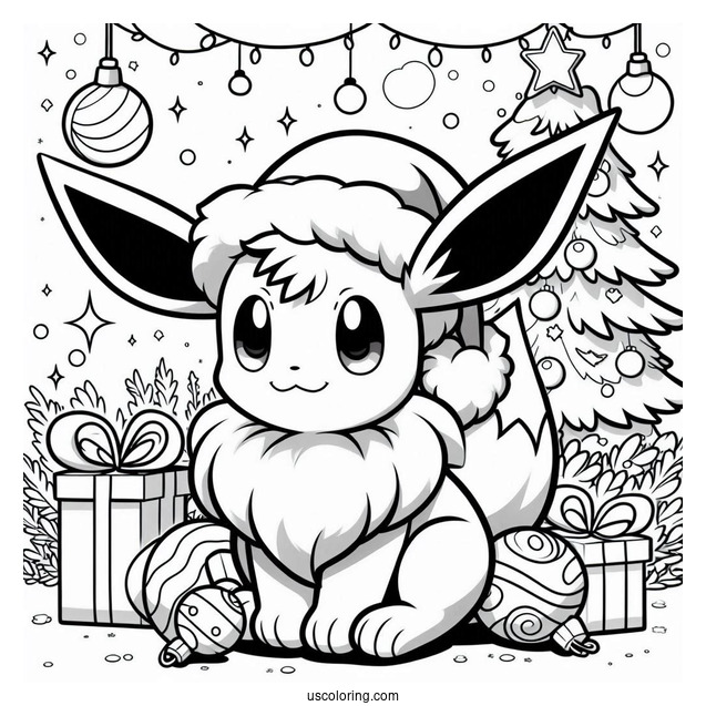 Pokemon Christmas Coloring Page Eevee Wearing Santa Hat With Christmas Baubles In The Background