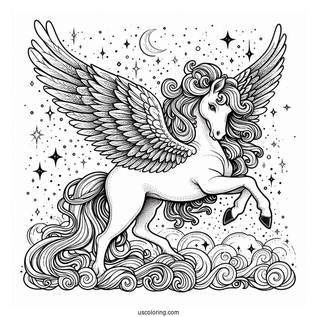 Pegasus Coloring Page With Massive Wings In The Starry Night Sky