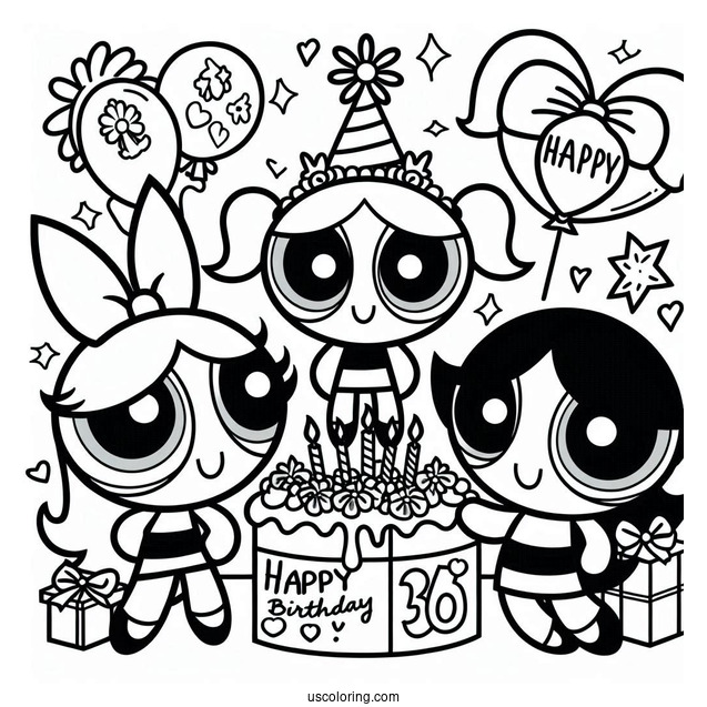 Happy Birthday Powerpuff Girls Coloring Page