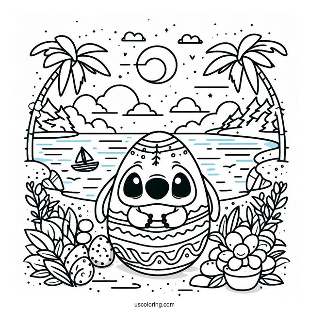 Stitch Easter Egg On A Beach Coloring Sheet