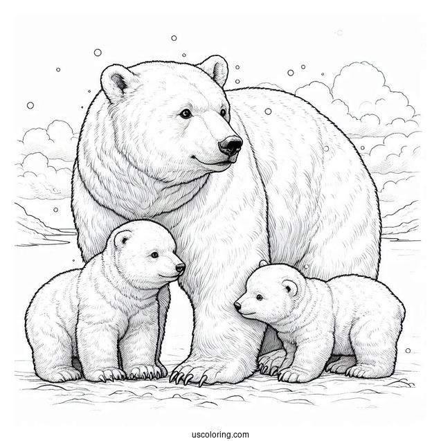 Realistic Coloring Page Of Polar Bear With Cubs